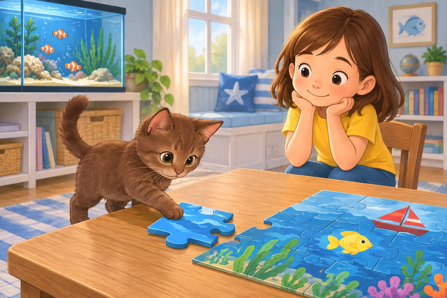 Cocoa nudges a blue puzzle piece toward matching pieces as June watches