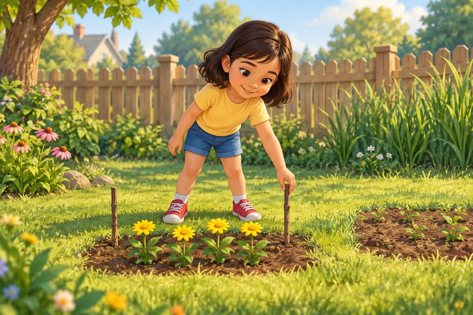 Maya marks a flower patch with two counting sticks