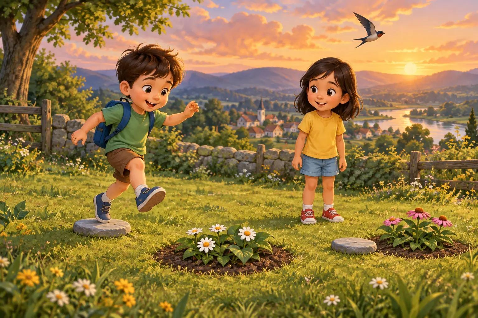 Nico hops toward the first flower patch as Maya watches