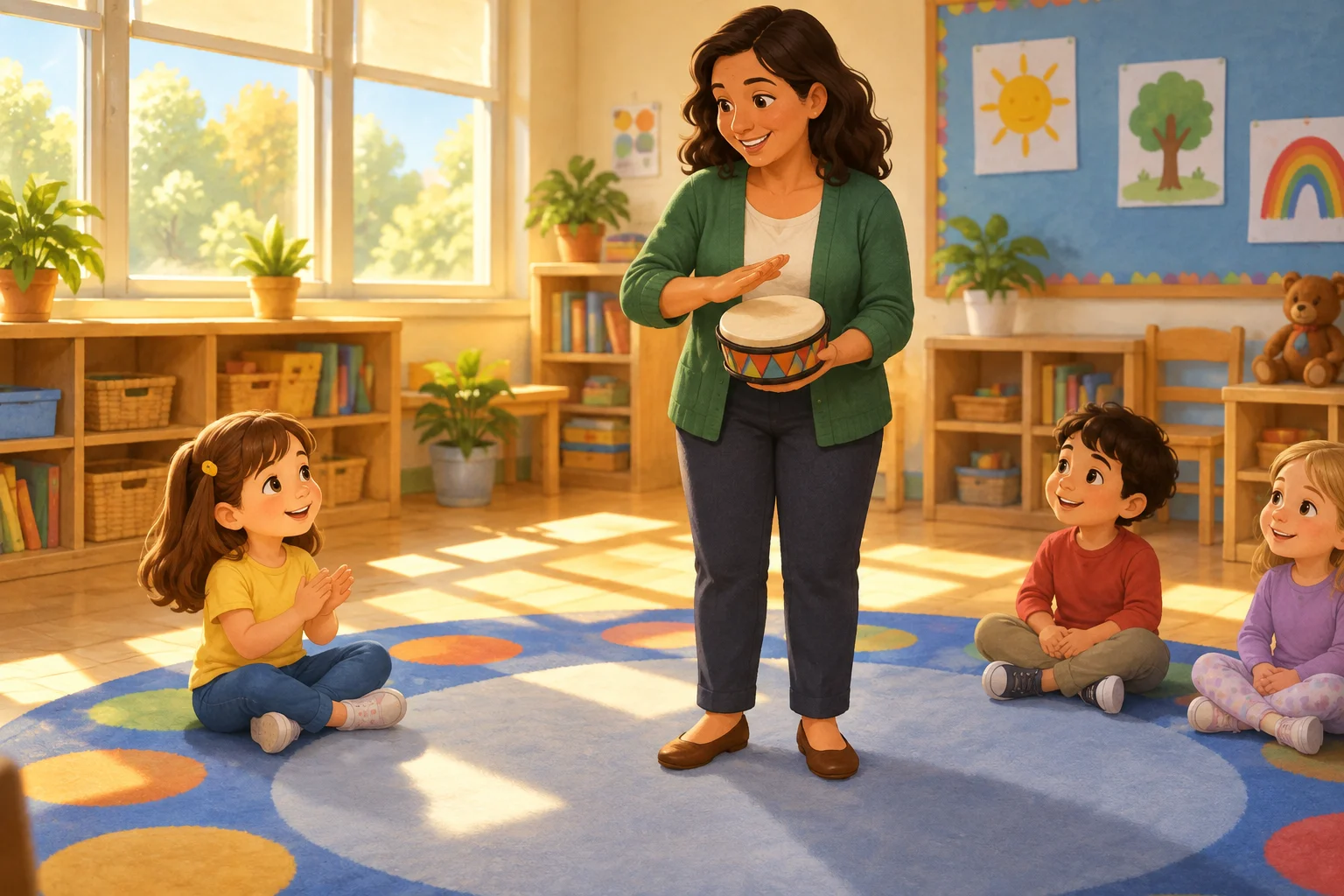 June claps softly as Ms. Elena taps a little drum