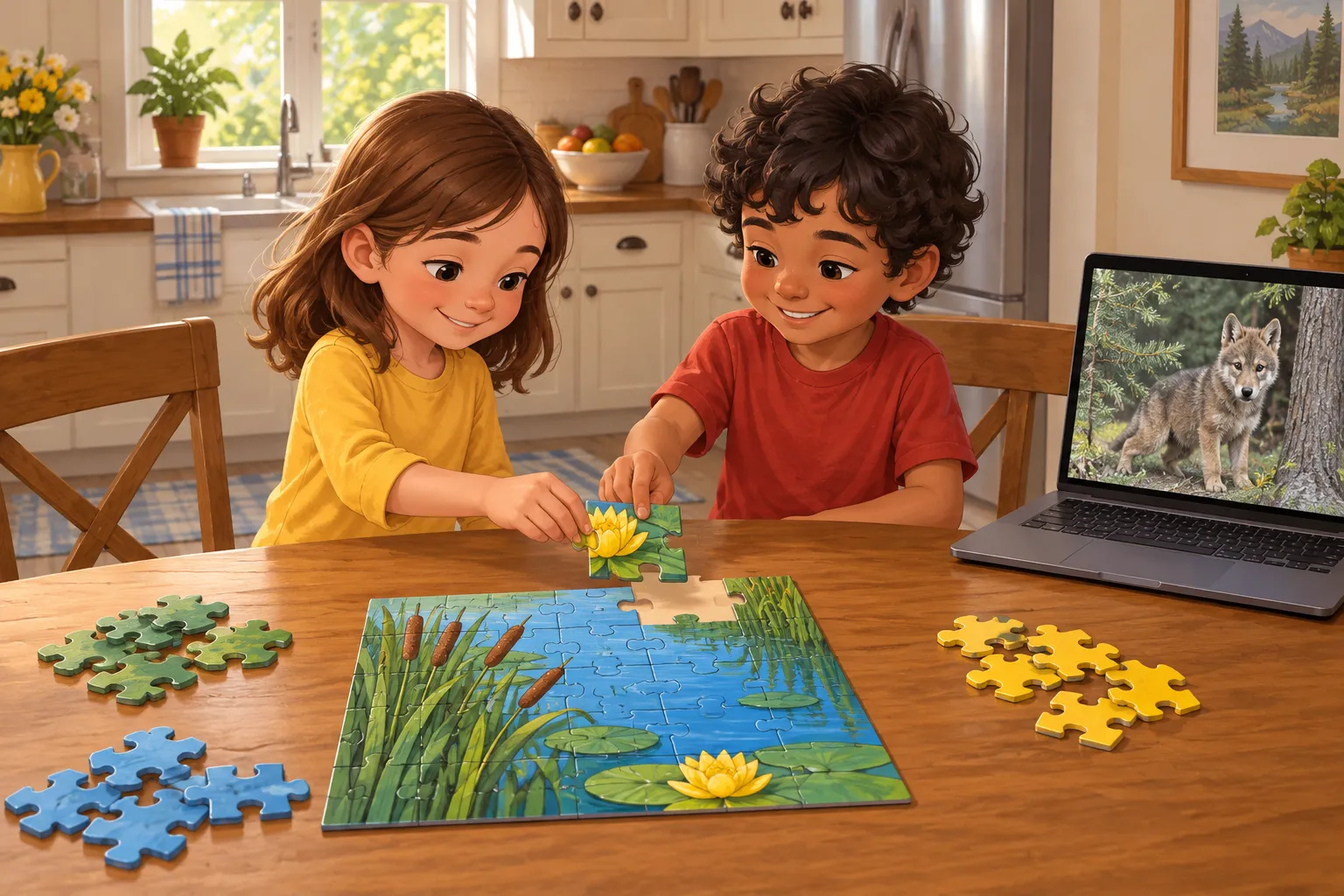 June and Mateo guide a yellow puzzle piece into its matching space
