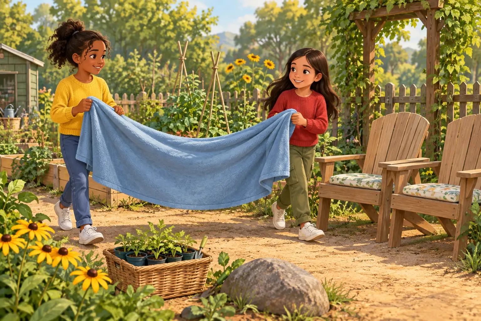 Amina and Lucía carry a soft blue blanket toward two chairs