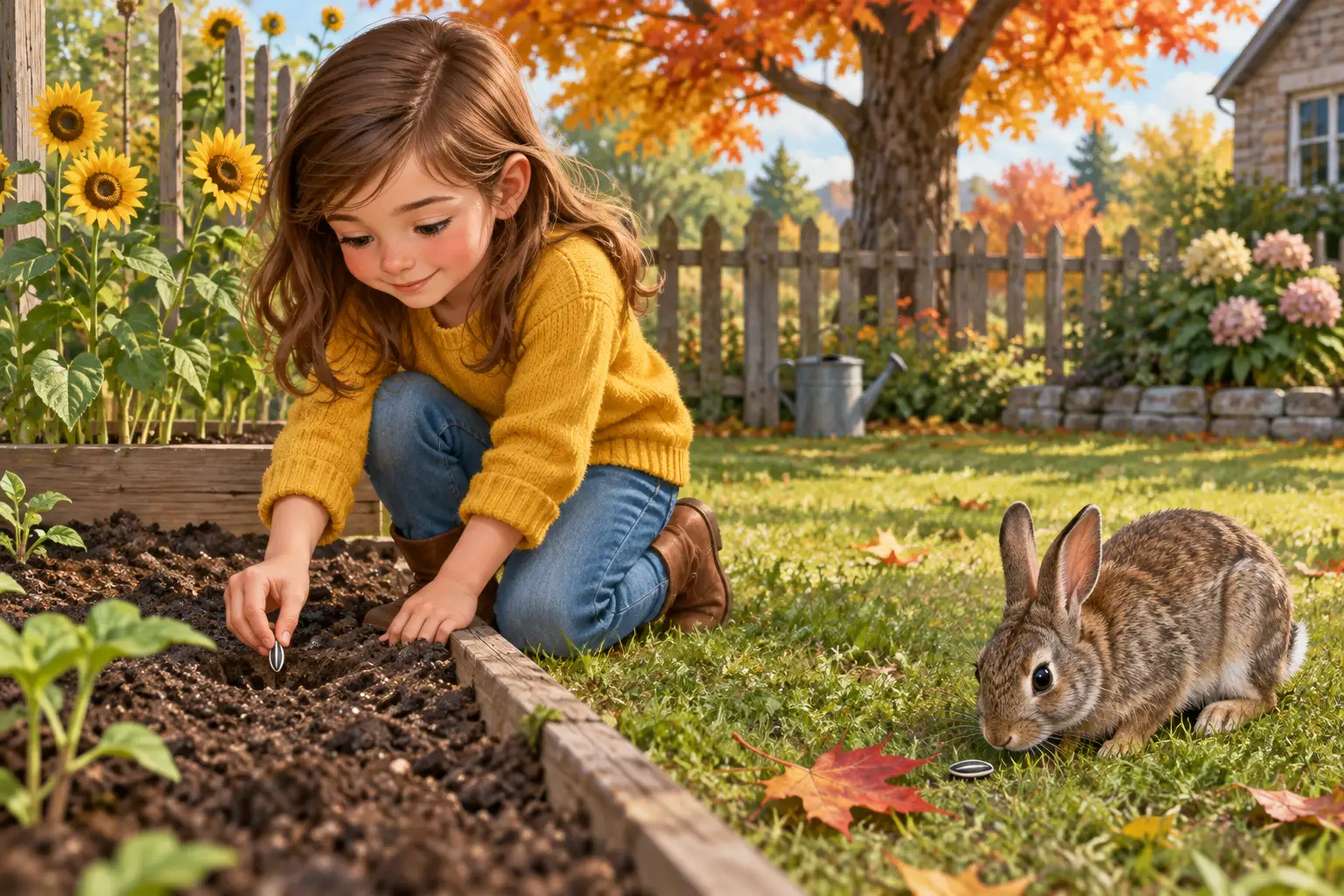 The girl places a sunflower seed in a hollow