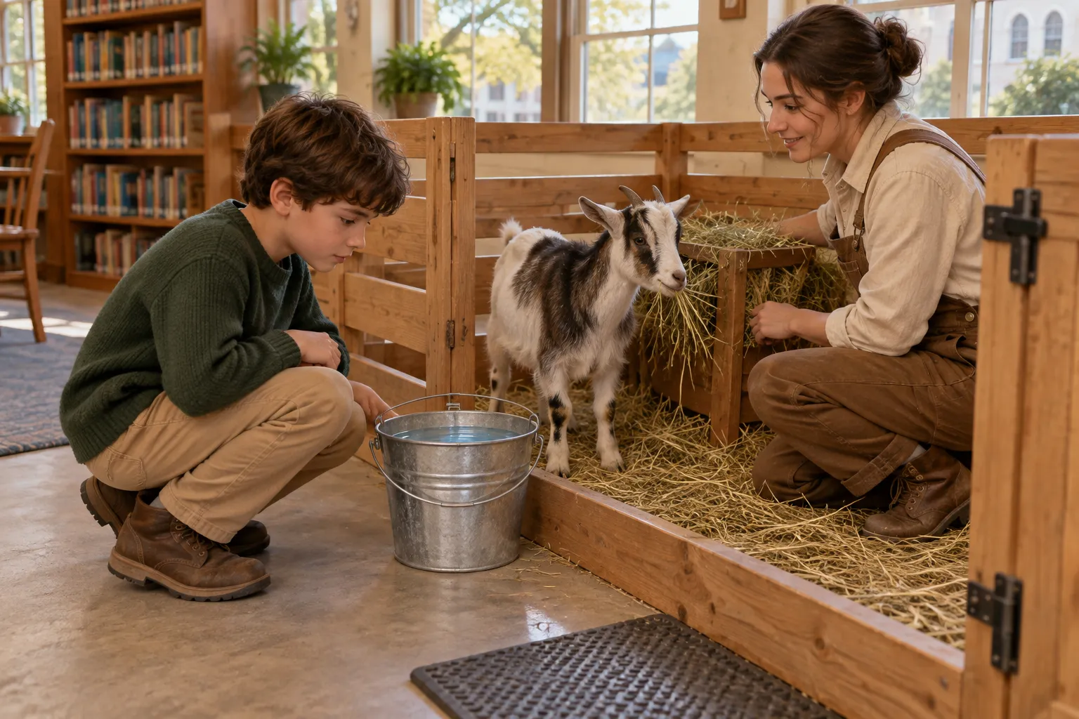 A boy carefully inspects Pebble’s clear water bucket beside the woman