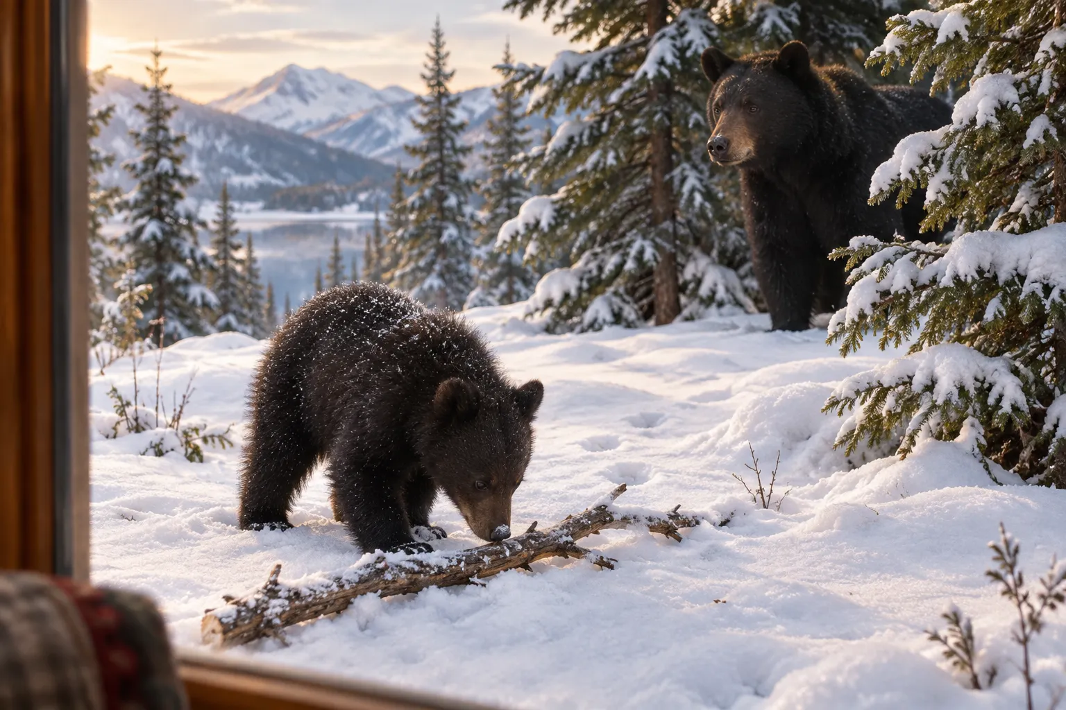 A bear cub sniffs a fallen branch while its mother watches nearby