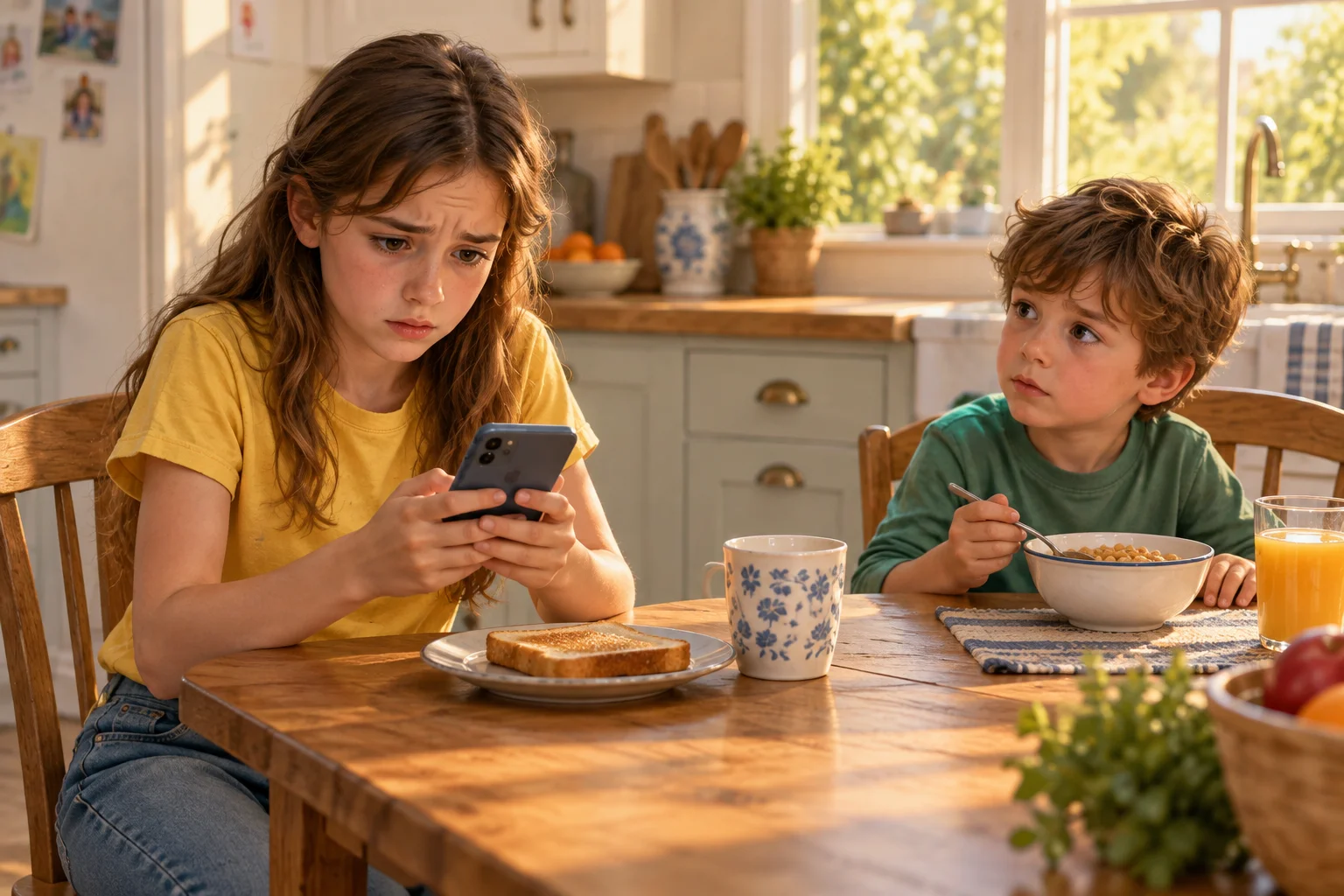 Ava reads her smartphone while her brother watches from breakfast