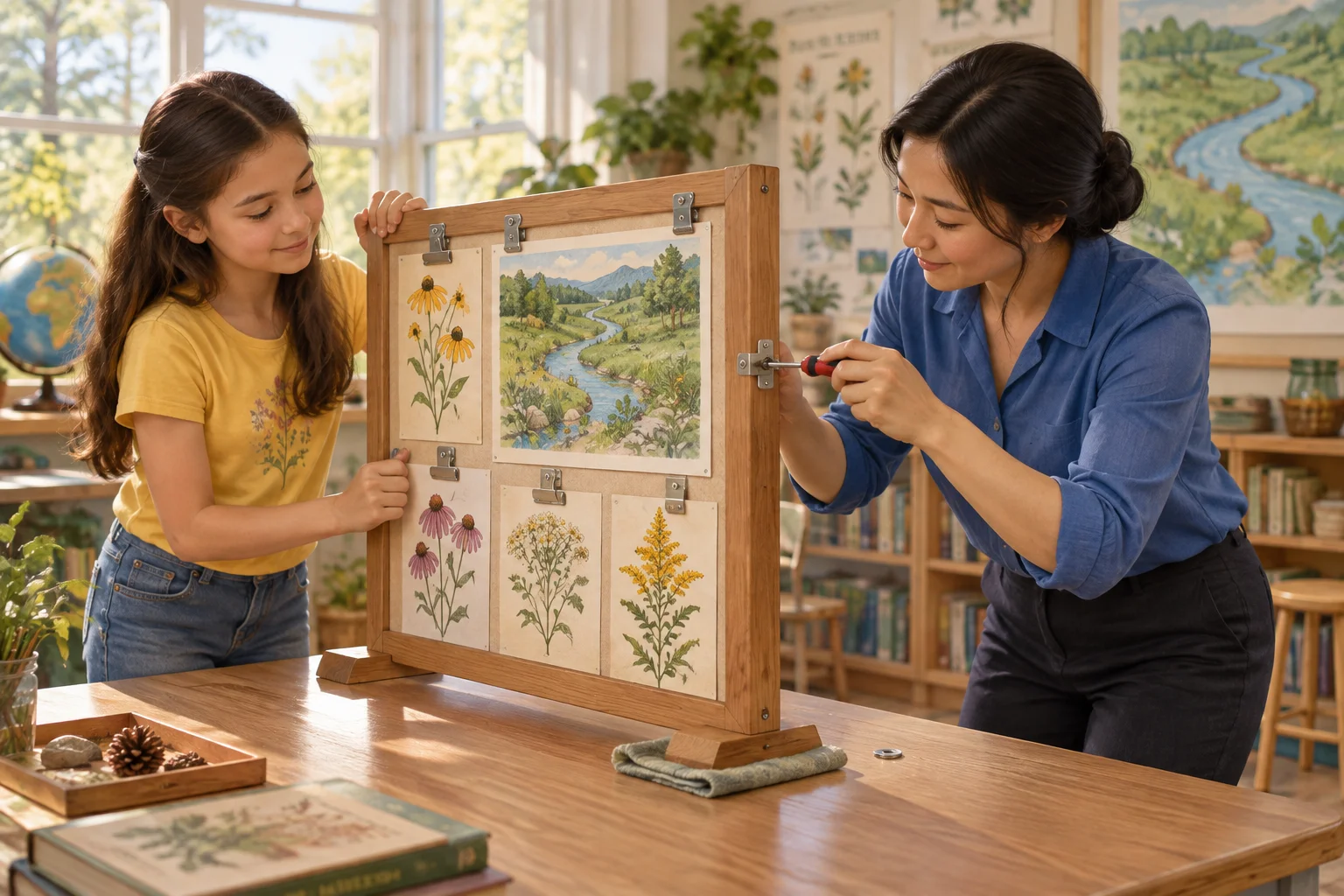 Ava steadies the board while Ms. Chen tightens its loose clip
