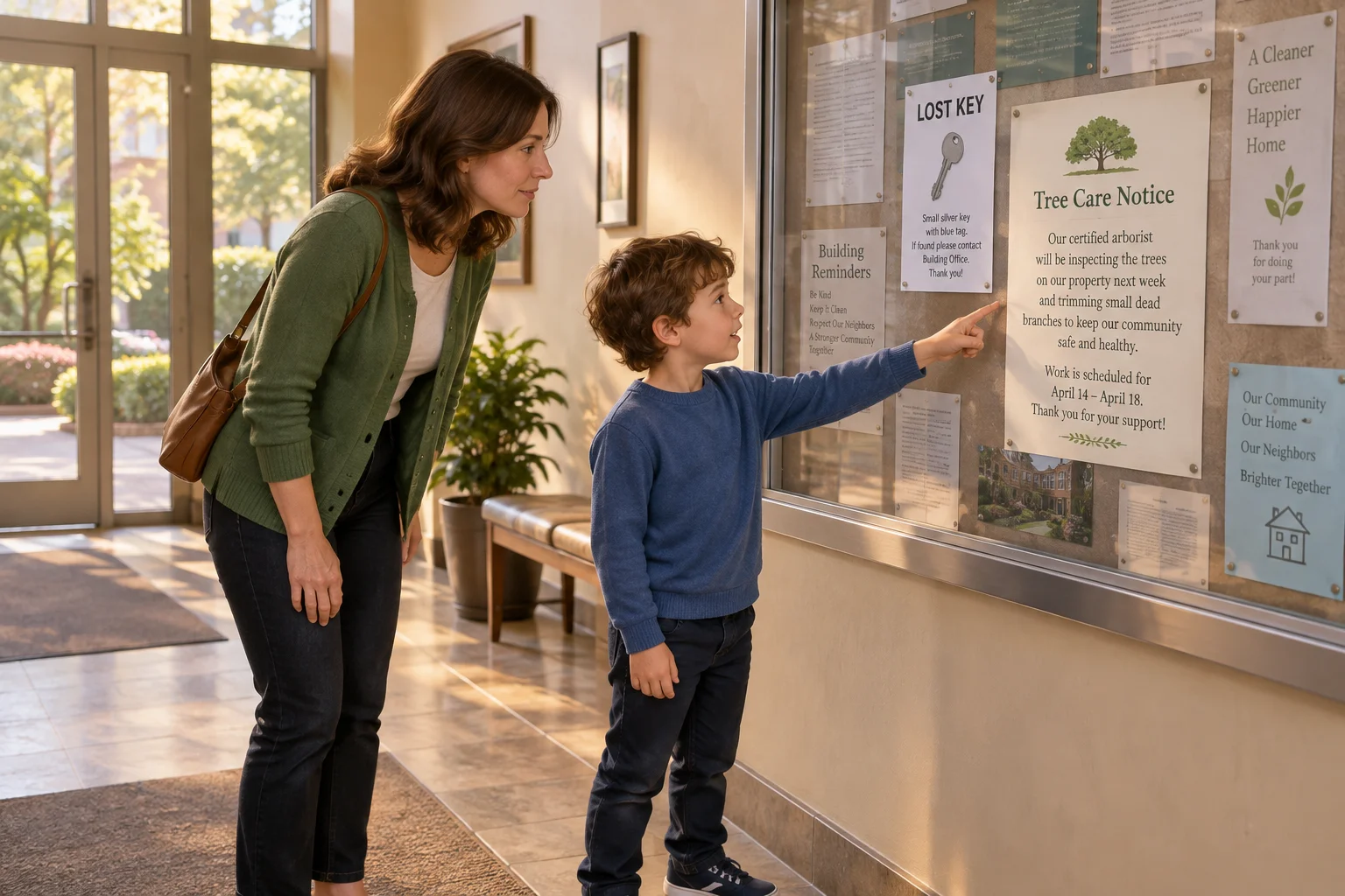 Theo points to a tree-care notice while his mother reads beside him