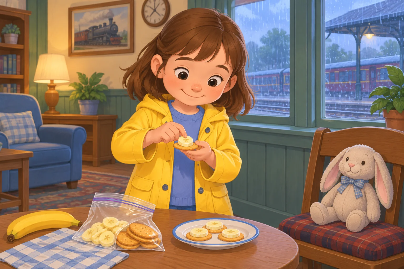 Iris places a banana slice on a cracker above the table