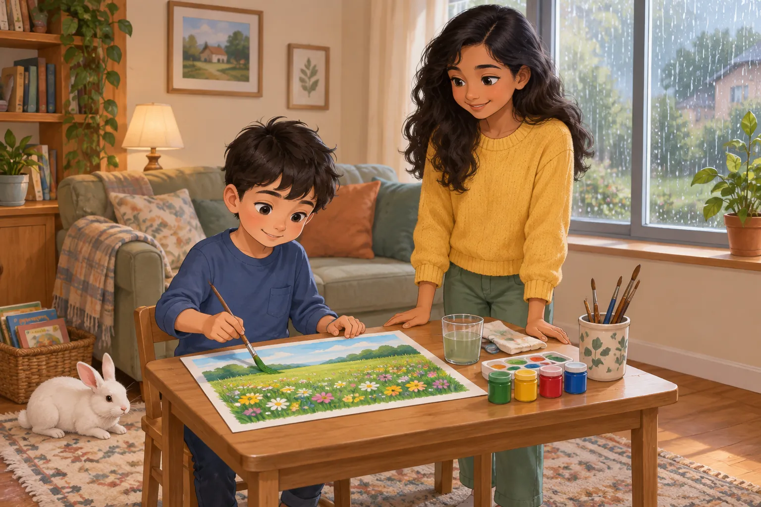 Alex paints a green meadow while Priya watches nearby