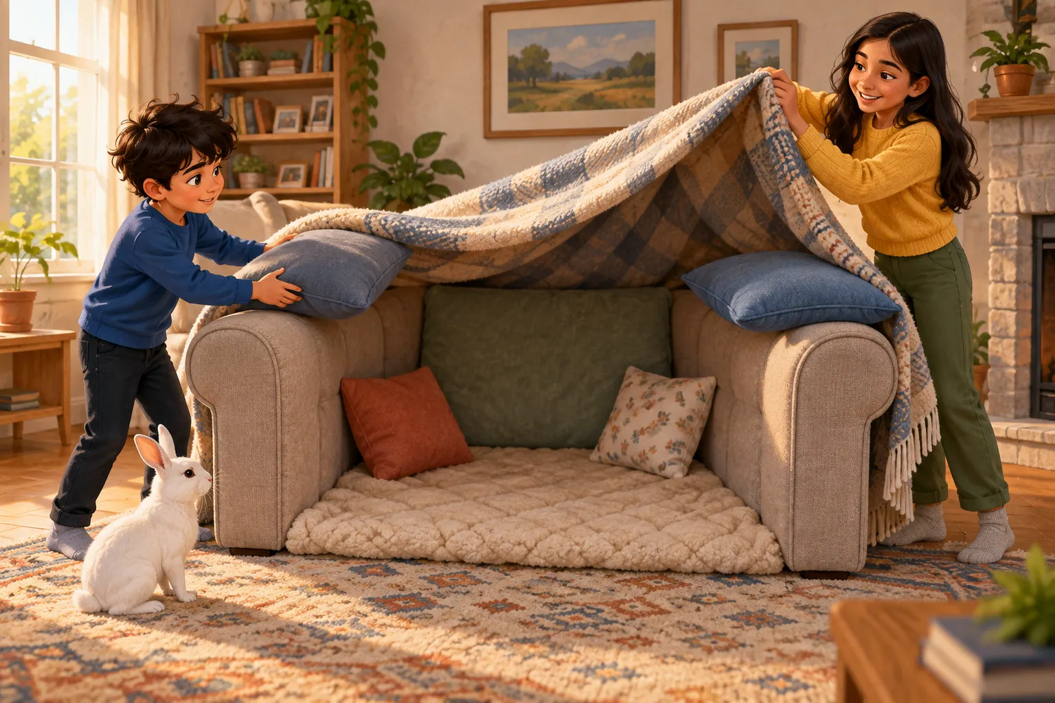 Alex places a pillow while Priya lifts the blanket over the fort