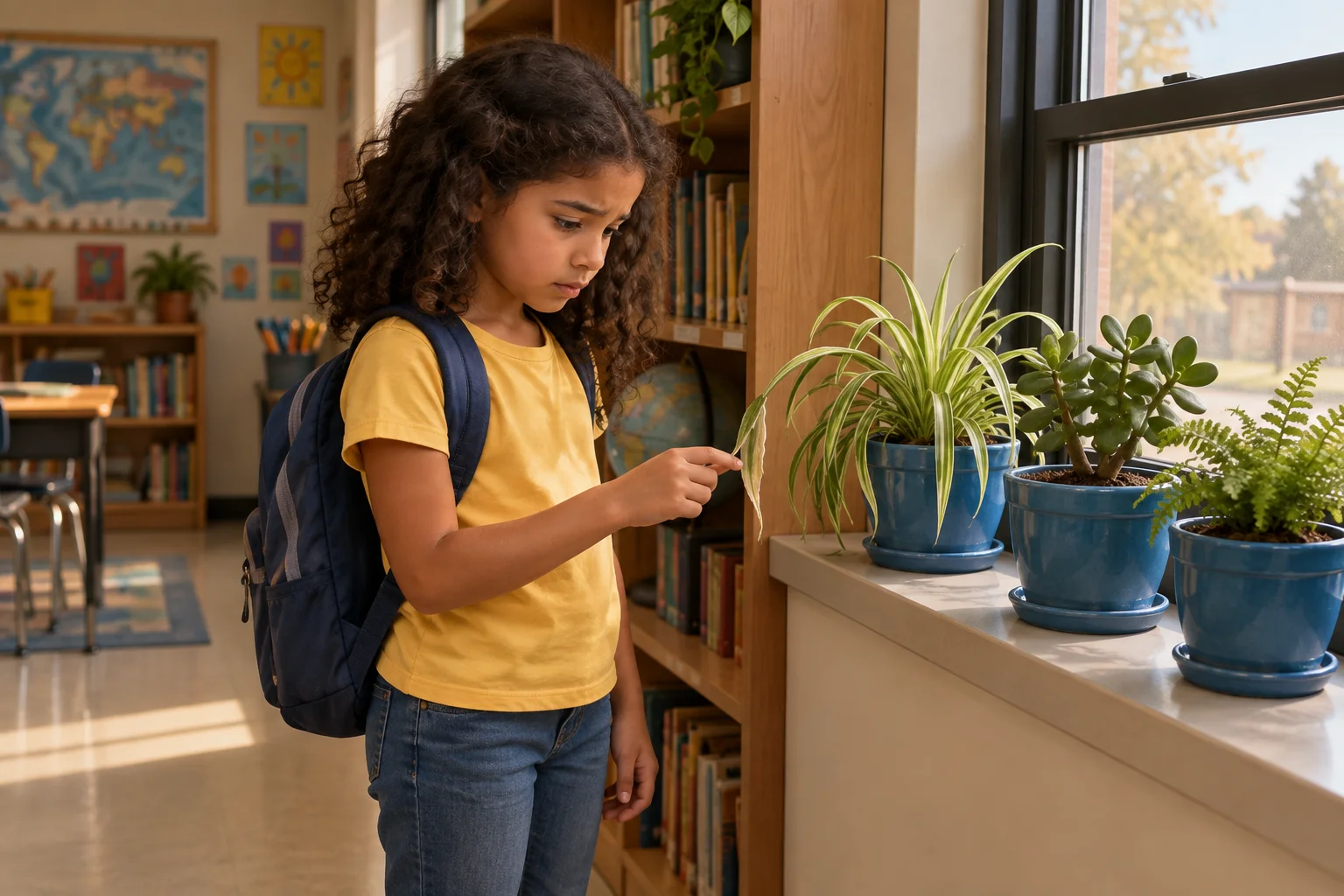 Amina gently touches a limp leaf on the drooping classroom plant