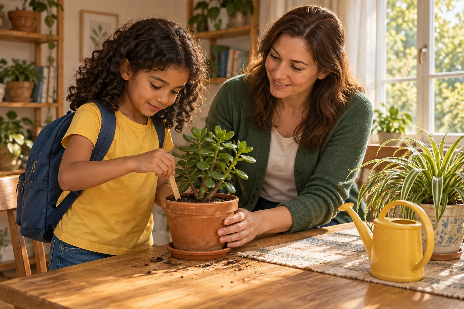 Amina loosens the jade plant’s soil while Ms. Rivera steadies the pot