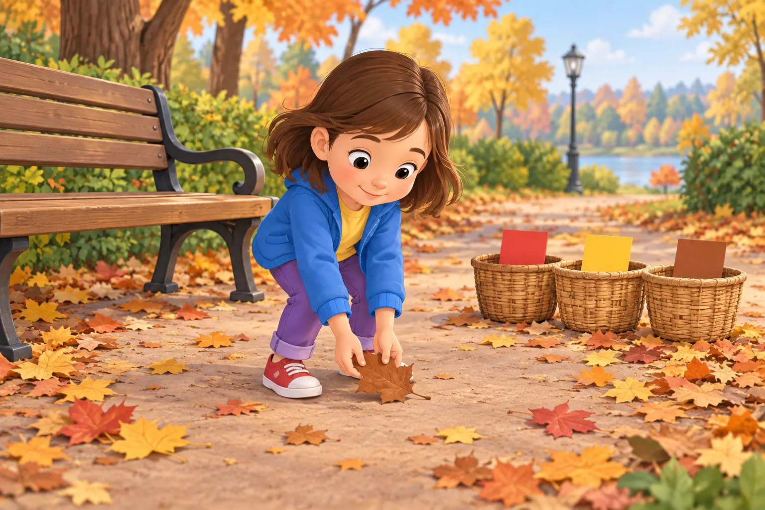 Emma catches a brown leaf with both hands on the path