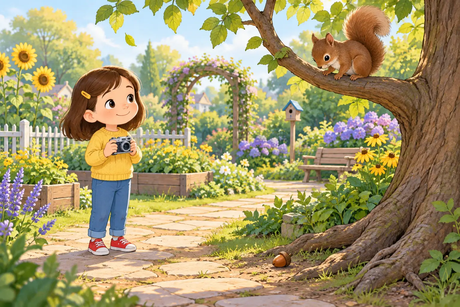 Mia watches Bramble look down at an acorn beneath the tree